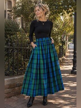 🔥Vintage Blue Green Plaid Midi Skirt High Waisted Tartan Skirt Preppy Classic